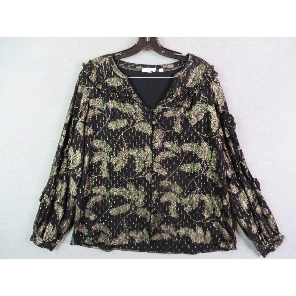 Fat Face Womens‎ Blouse 12 Black Gold Floral Metallic Ruffle Witchy Gothic Fall